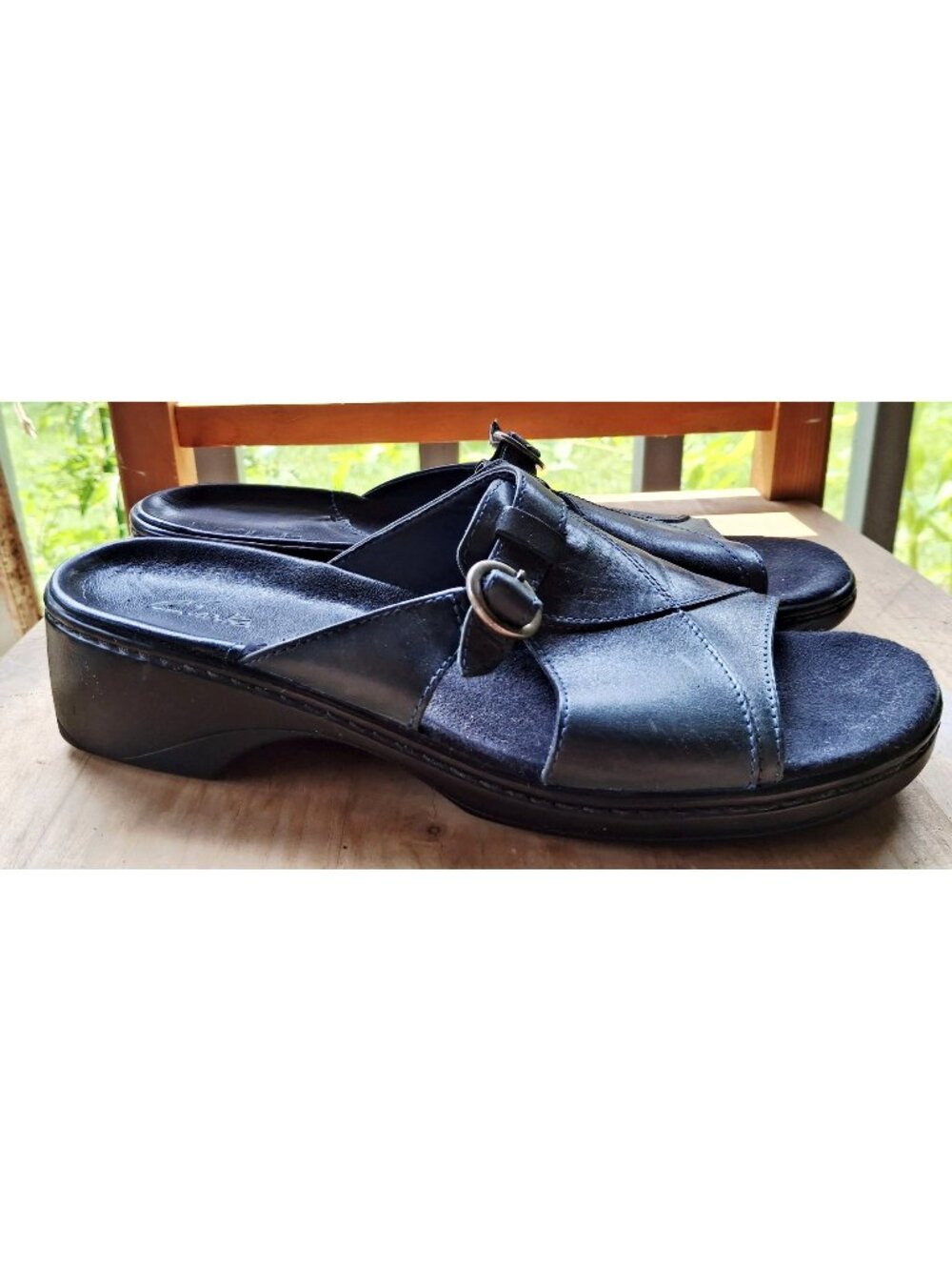 Clarks Black Leather Open-Toe Slide Sandals With Adjustable Buckle Strap & Wedge